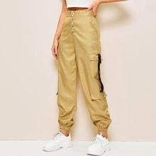 Romwe Button Waist Pocket Side Utility Pants