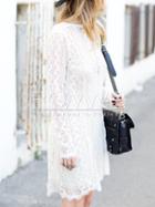 Romwe Beige Long Sleeve V Back Lace Dress