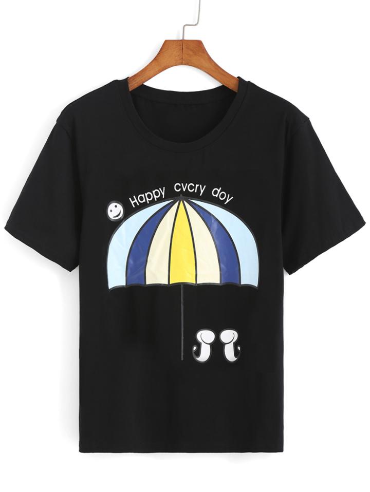 Romwe Umbrella Print Black T-shirt