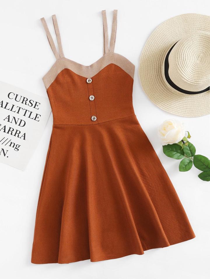 Romwe Button Front Knit Double Strap Dress