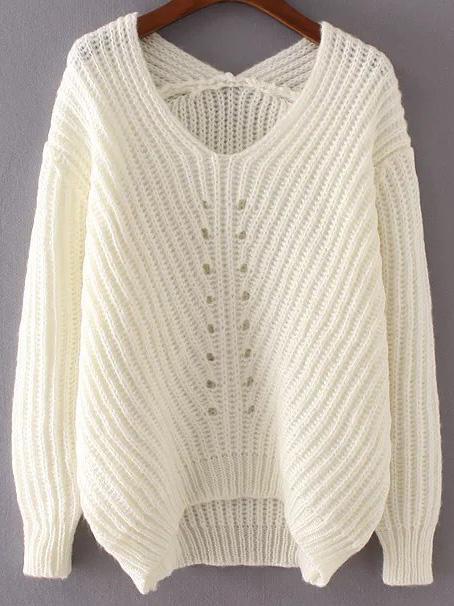 Romwe White V Neck High Low Sweater