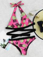 Romwe Pineapple Print Contrast Trim Tie Back Bikini Set