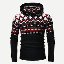Romwe Men Drawstring Geo Pattern Hooded Jumper