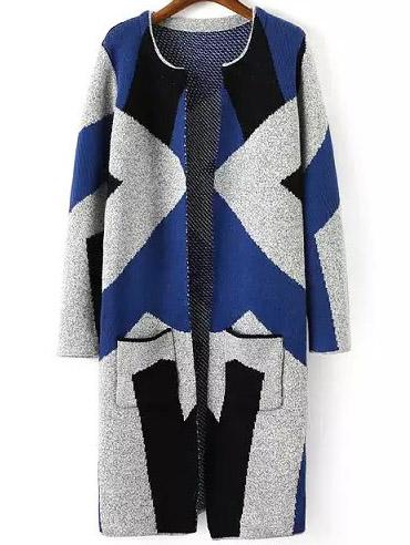 Romwe Color-block Geometric Print Pockets Coat