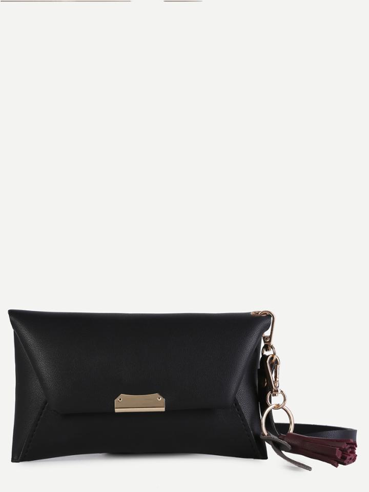 Romwe Black Faux Leather Tassel Trim Envelope Bag
