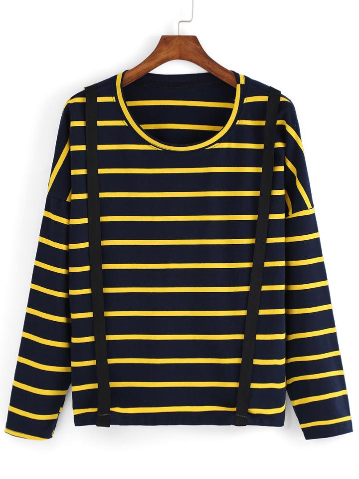 Romwe Long Sleeve Striped Strap T-shirt