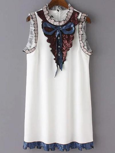 Romwe White Sleeveless Bow Embroidery Paillette Dress