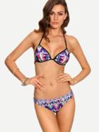 Romwe Contrast Trim Multicolor Geometric Print Bikini Set