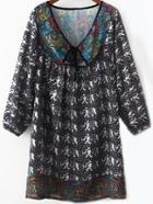 Romwe V Neck Elephant Print Lace Up Blouse