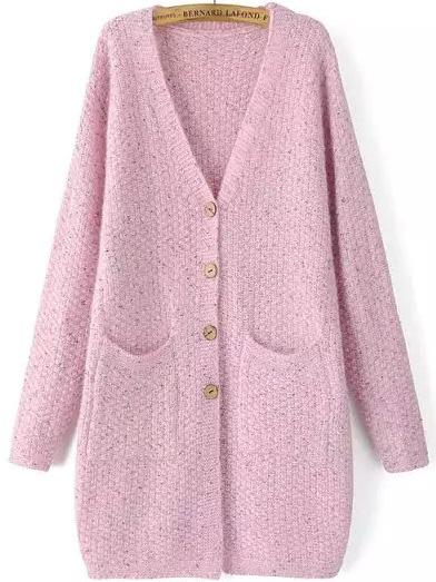 Romwe V Neck Pockets Button-down Pink Coat
