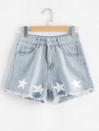 Romwe Star Print Raw Hem Denim Shorts