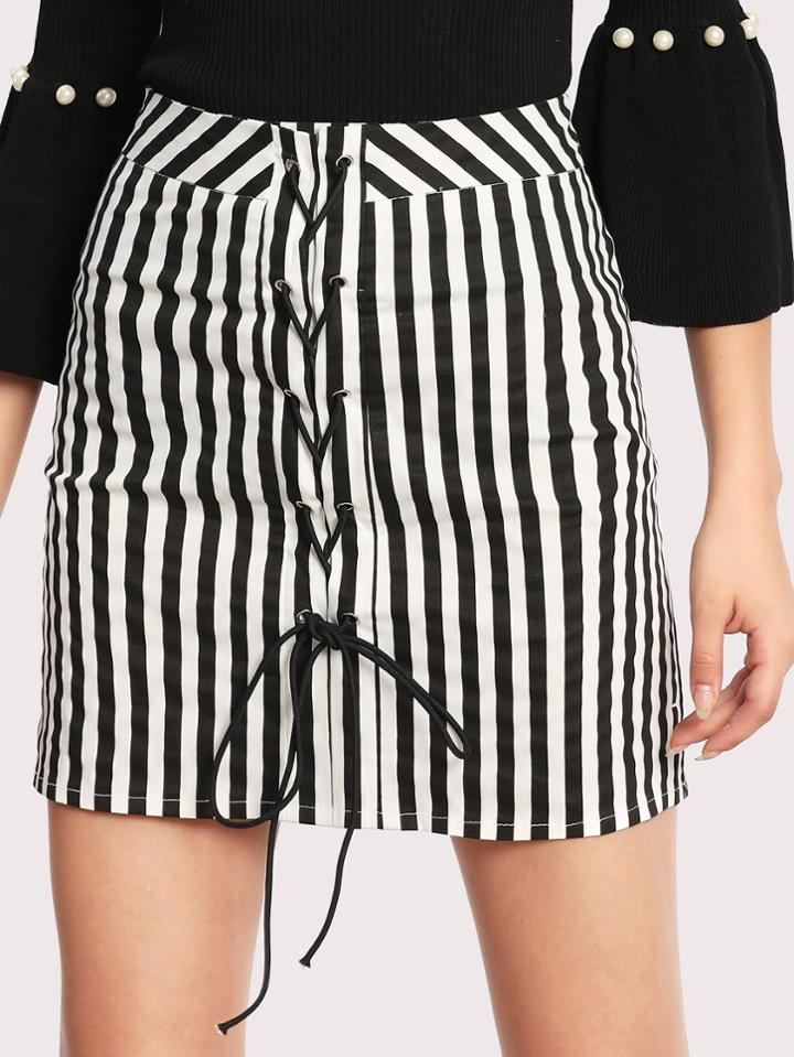 Romwe Eyelet Lace Up Striped Skirt