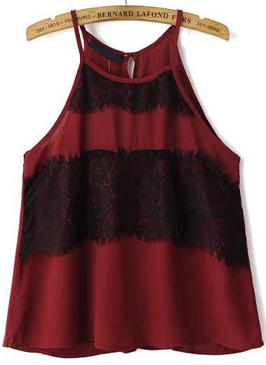 Romwe Red Spaghetti Strap Lace Chiffon Vest