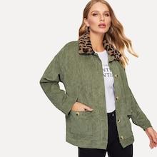 Romwe Contrast Leopard Print Collar Corduroy Coat