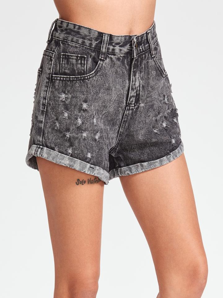 Romwe Dark Grey Frayed Cuffed Denim Shorts