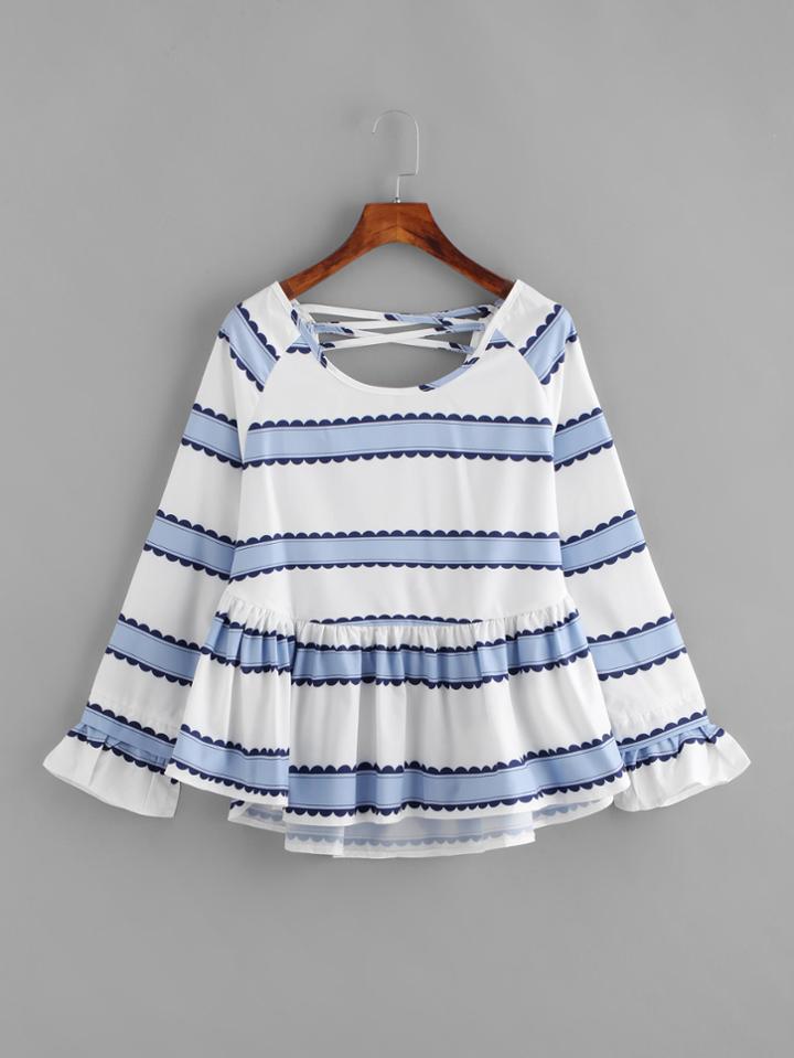 Romwe Contrast Print Strappy Detail Pep Hem Blouse