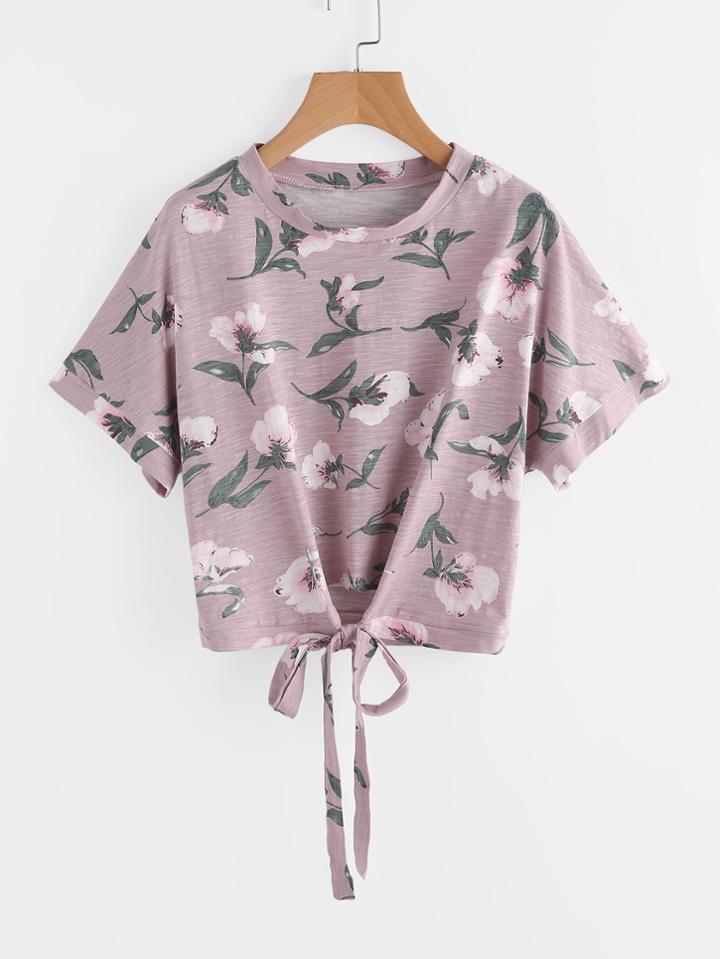 Romwe Flower Print Tie Front Slub Tee