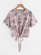Romwe Flower Print Tie Front Slub Tee