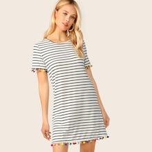Romwe Pompom Detail Striped T-shirt Dress