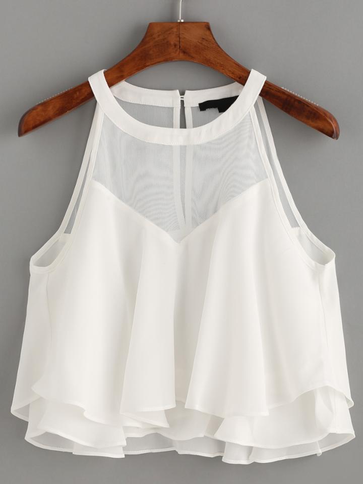 Romwe White Halter Sheer Mesh Keyhole Tiered Top