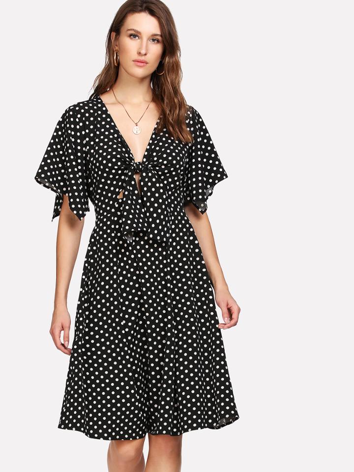 Romwe Cut Out Knot Front Polka Dot Dress