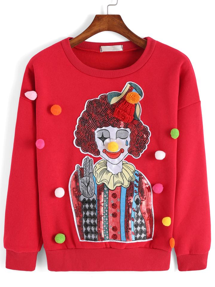 Romwe Clown Pattern Sequined Red Sweatshirt