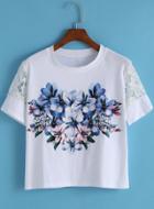 Romwe Lace Insert Florals White T-shirt