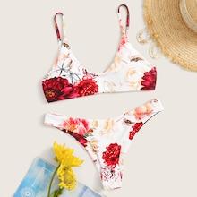 Romwe Random Floral Cami Top With Cheeky Bikini Set