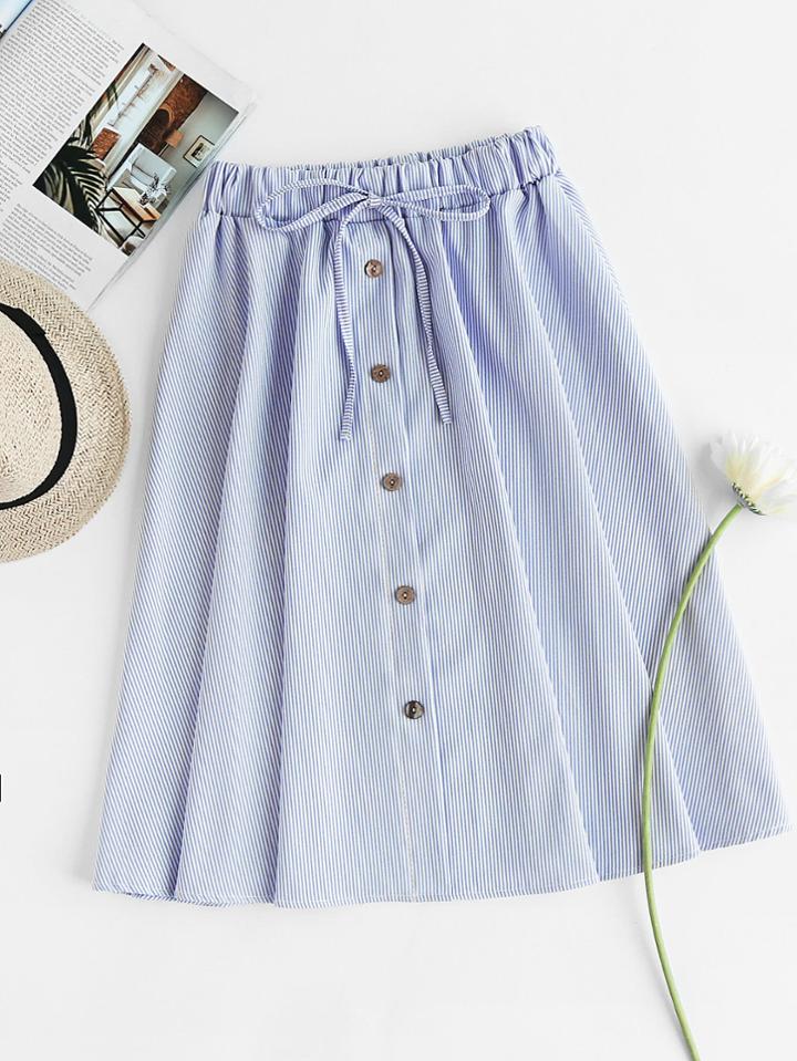 Romwe Pinstriped Button Front Drawstring Waist Skirt