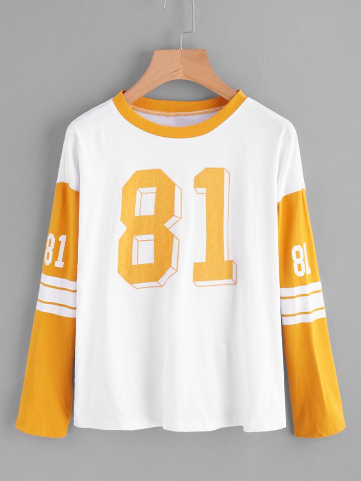 Romwe Number Print Varsity Striped T-shirt
