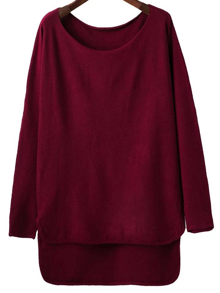 Romwe Burgundy Scoop Neck Dip Hem Knitwear