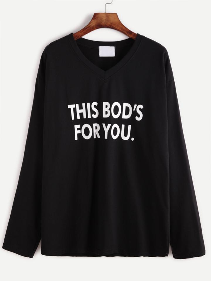 Romwe Black Letter Print V Neck T-shirt