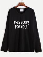 Romwe Black Letter Print V Neck T-shirt