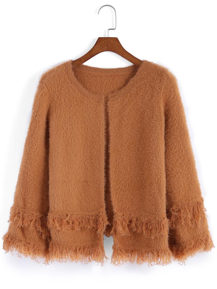 Romwe Round Neck Tassel Mohair Khaki Coat