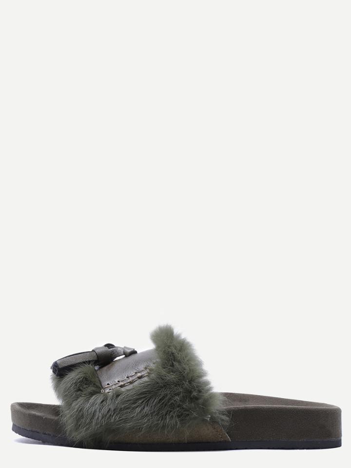 Romwe Army Green Peep Toe Faux Fur Tassel Trim Soft Sole Slippers