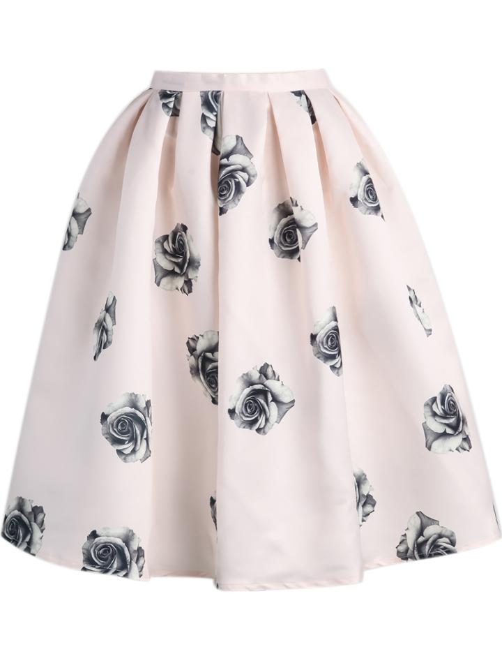 Romwe Rose Print Flare Midi Pink Skirt