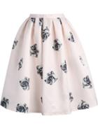 Romwe Rose Print Flare Midi Pink Skirt