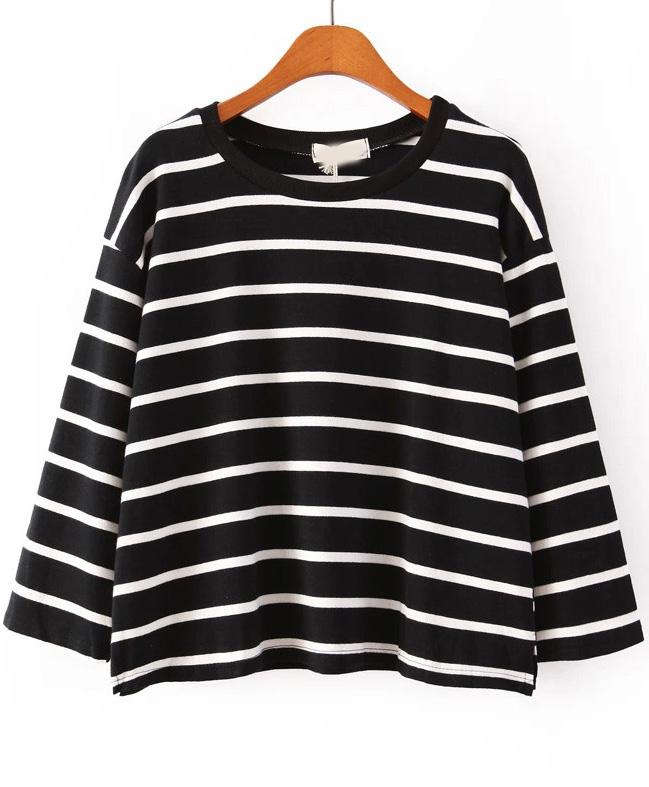 Romwe Black Long Sleeve Striped Loose T-shirt
