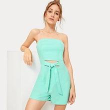 Romwe Solid Tie Front Peekaboo Tube Romper