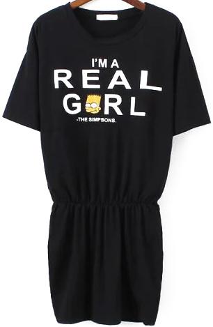 Romwe Simpson Letter Print Black Dress