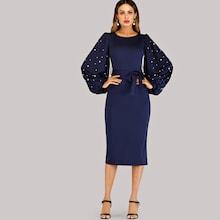 Romwe Belted Pearls Bishop Sleeve Dress