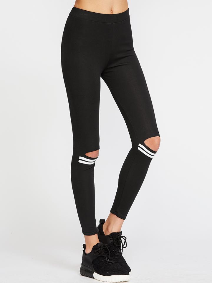 Romwe Black Striped Cut Out Knee Leggings