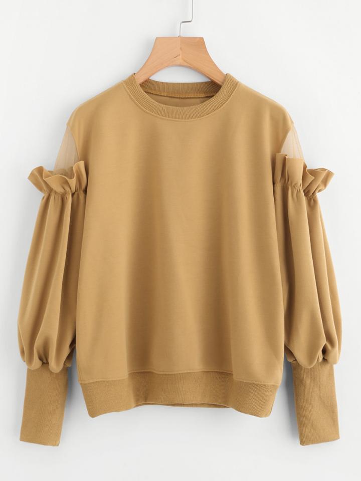Romwe Frill Mesh Insert Sleeve Sweatshirt
