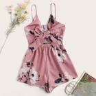 Romwe Large Floral Print Tie Front Cami Playsuit
