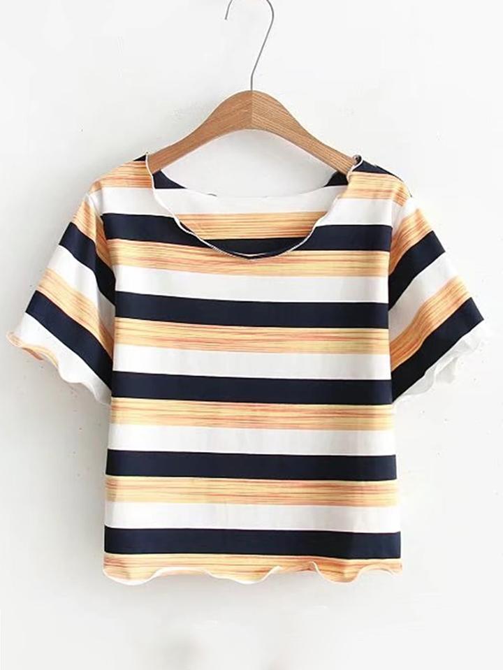 Romwe Color Block Striped Lettuce Edge Trim Tee