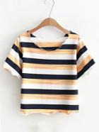 Romwe Color Block Striped Lettuce Edge Trim Tee