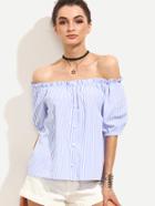 Romwe Blue Vertical Striped Buttoned Front Off The Shoulder Blouse