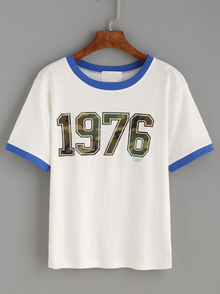 Romwe White Contrast Trim Camo Varsity Print T-shirt