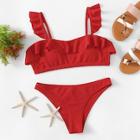 Romwe Ribbed Ruffle Square Neck Bikini Set