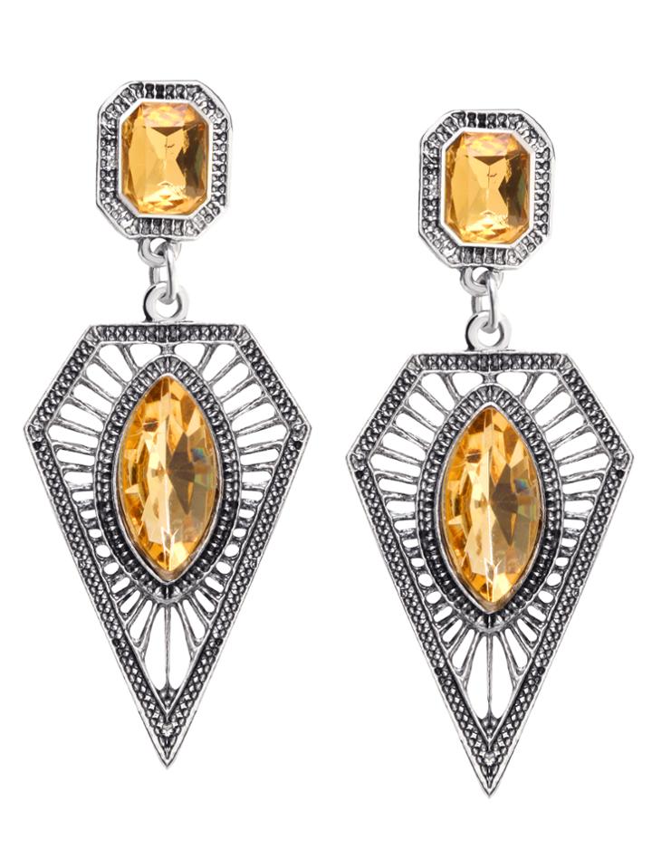 Romwe Champagne Rhinestone Geometric Hollow Out Drop Earrings